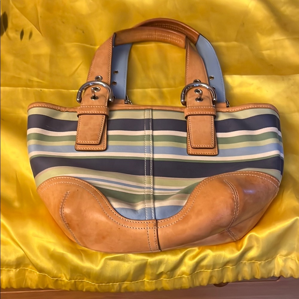 Coach Tan and Blue Mini Bag with Striped Design